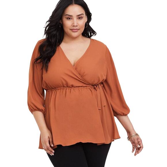 TORRID | Plus Sz 1 | Dusty Orange Surplice Neck 3/4 Sleeve Tie Waist Long Blouse - Picture 1 of 12